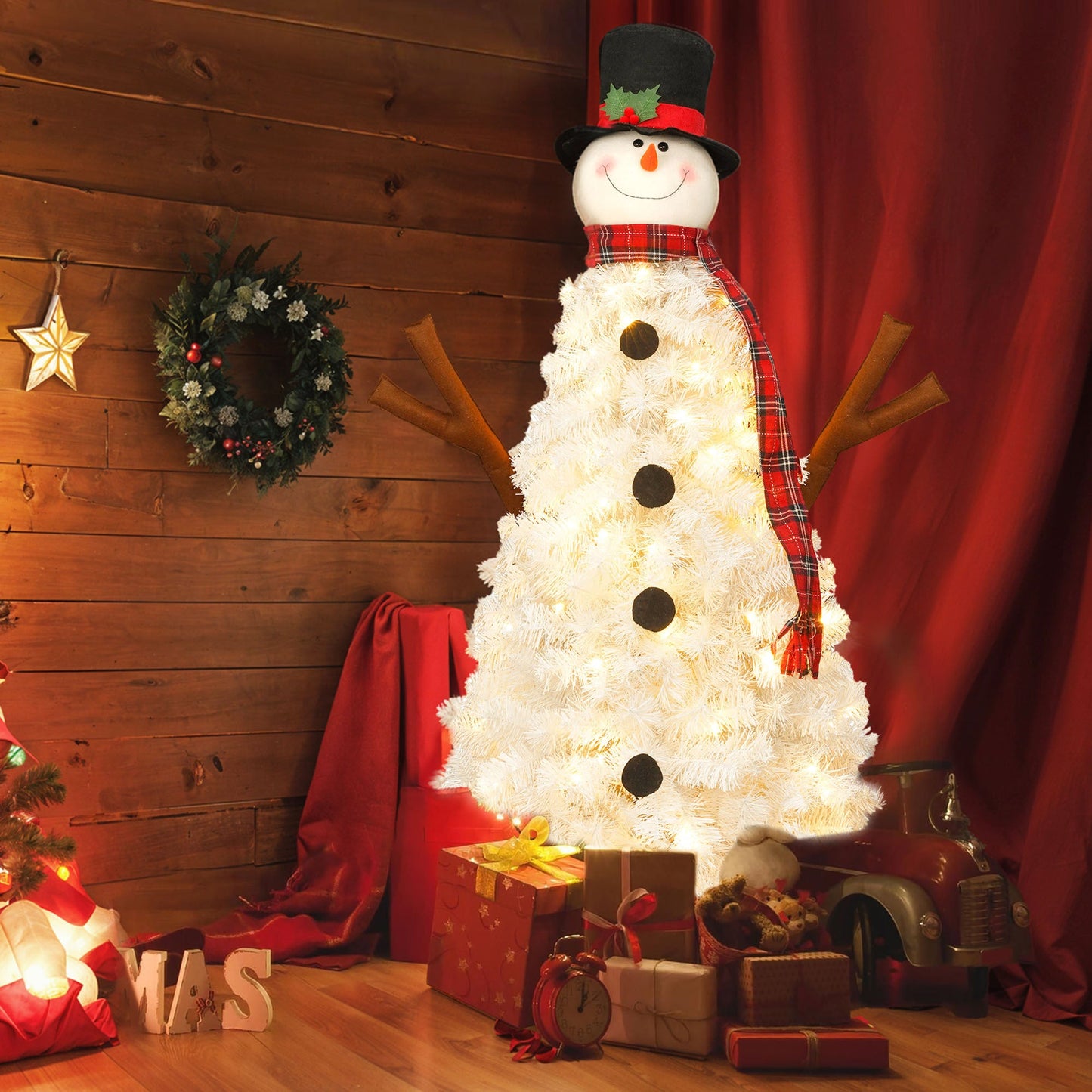 4ft Pre-lit Christmas Tree with 100 Lights, Snowman-Shaped Artificial