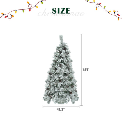 6FT Pre-Lit Spruce Snow Flocked Christmas Tree with Pine Cones,