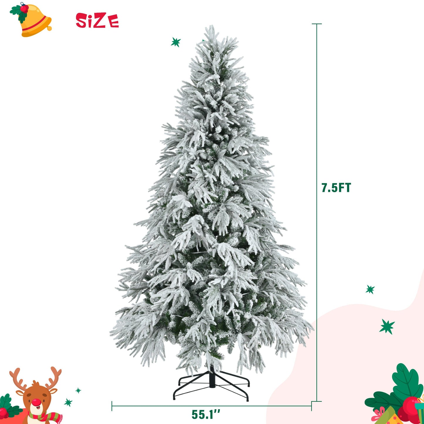 7.5FT Pre-Lit Spruce Snow Flocked Christmas Tree, Artificial Hinged