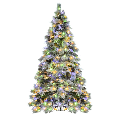 7.5FT Pre-Lit Spruce Snow Flocked Christmas Tree with Pine Cones,