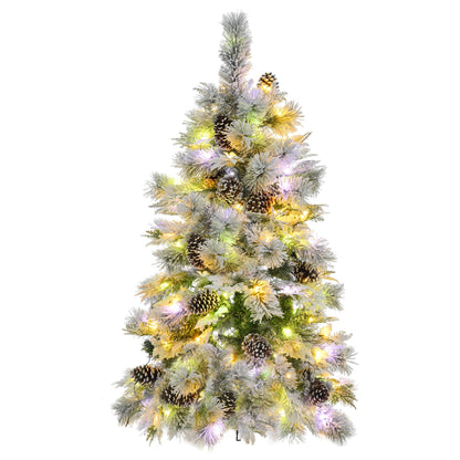 4FT Pre-Lit Spruce Snow Flocked Christmas Tree with Pine Cones,