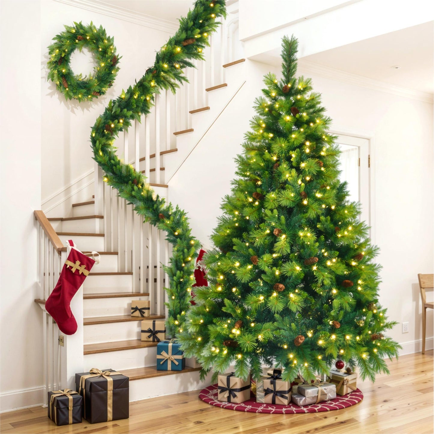 6FT Grass Green Christmas Tree, Large Branches Pine Tree, Pre-Lit Set