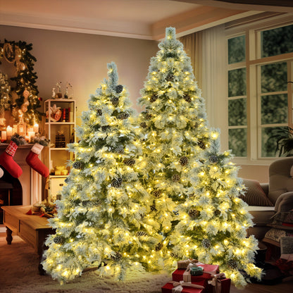 Pre-Lit Spruce Snow Flocked Xmas Tree Set - 4FT, 6FT, 7.5FT with Pine