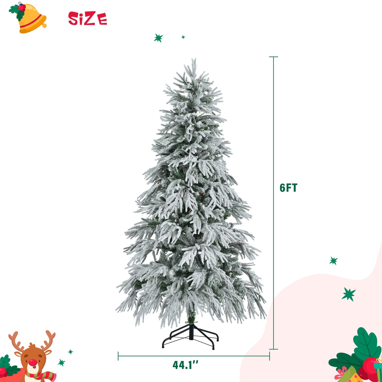 6FT Pre-Lit Spruce Snow Flocked Christmas Tree, Artificial Hinged Xmas