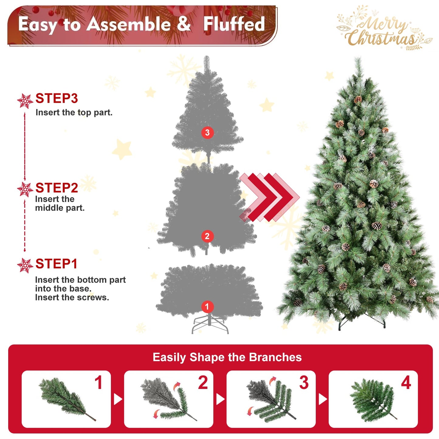 9FT Scotch Pine Christmas Tree, Premium Frosted Pre-Decorated