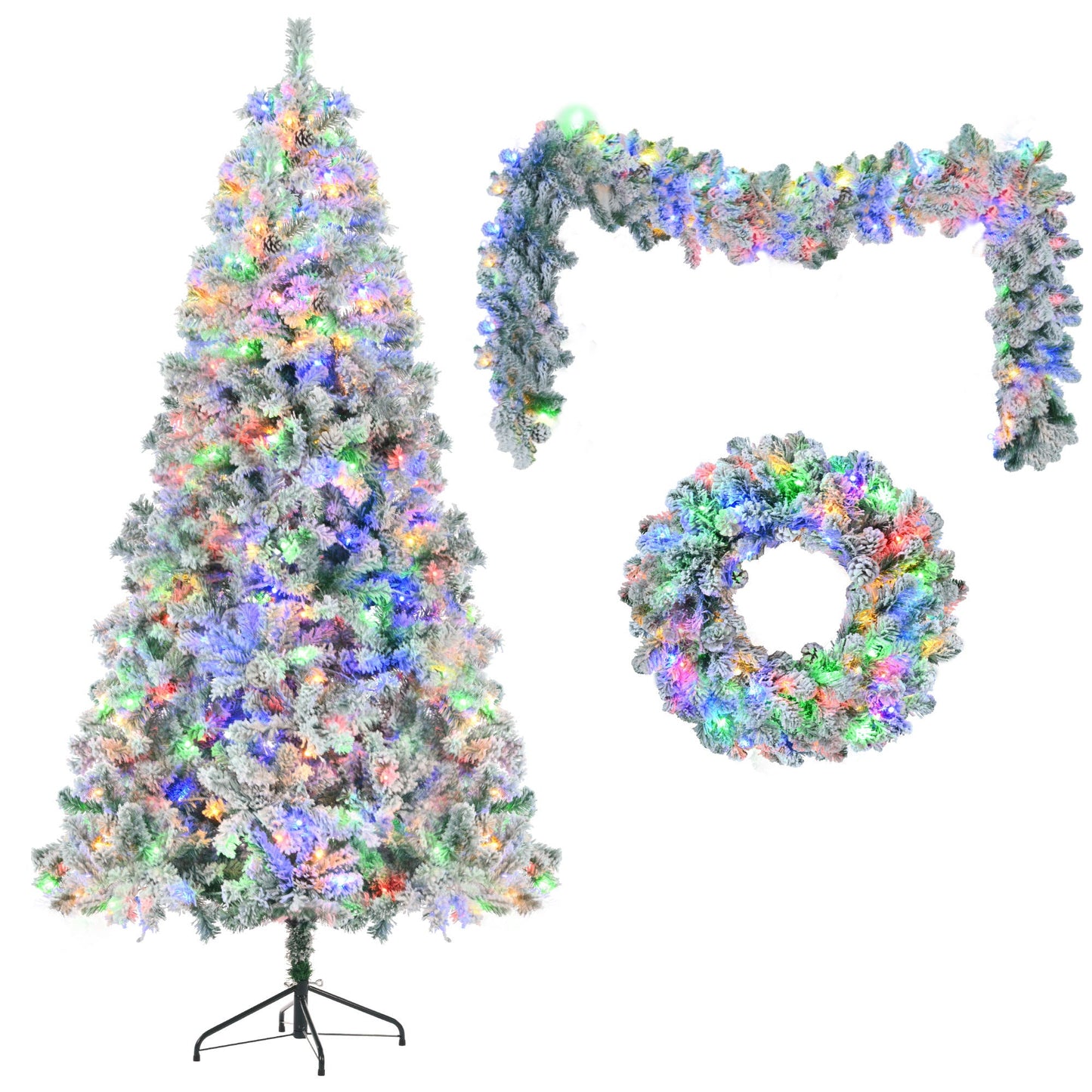 6FT Snow Flocked Christmas Tree, Pre-Lit Set with Tree & Garland &