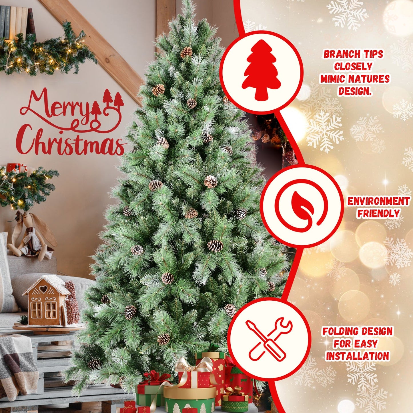 8FT Scotch Pine Christmas Tree, Premium Frosted Pre-Decorated