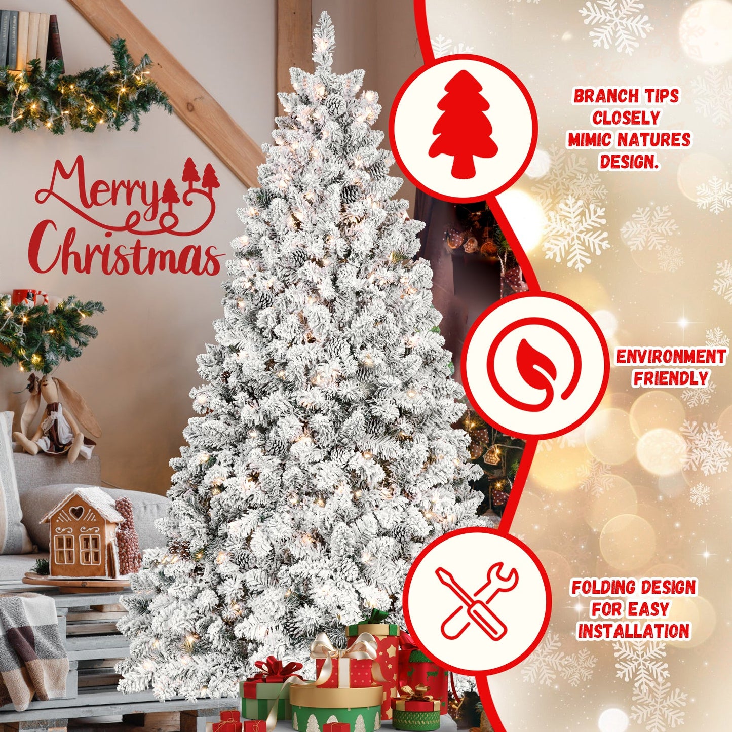 7.5ft Snow-Flocked Artificial Christmas Tree with Pine Cones, Prelit