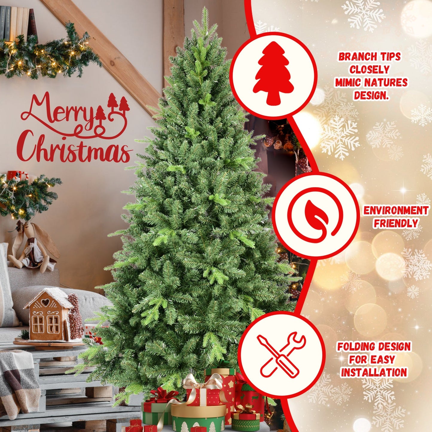 8FT Artificial Christmas Tree with 2535 PE&PVC Mixed Branch Tips,