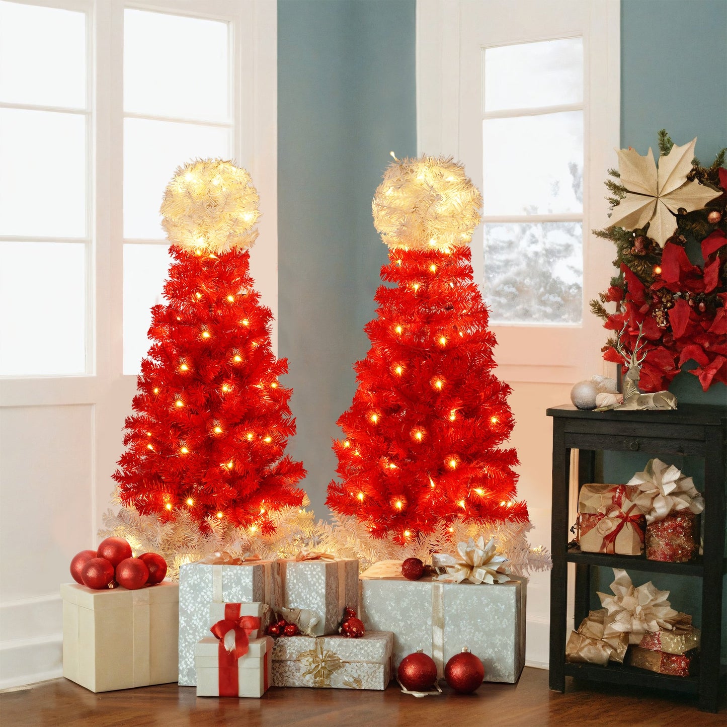 Lighted  Santa Hat Style Christmas Tree Set of 2, 4ft Artificial Tree