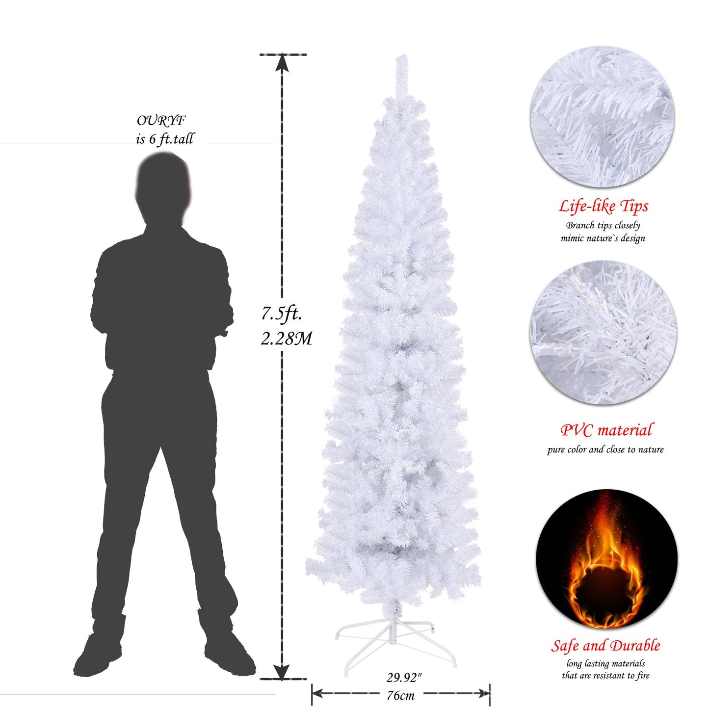 7.5FT White Slim Artificial Christmas Tree  Includes Foldable Metal