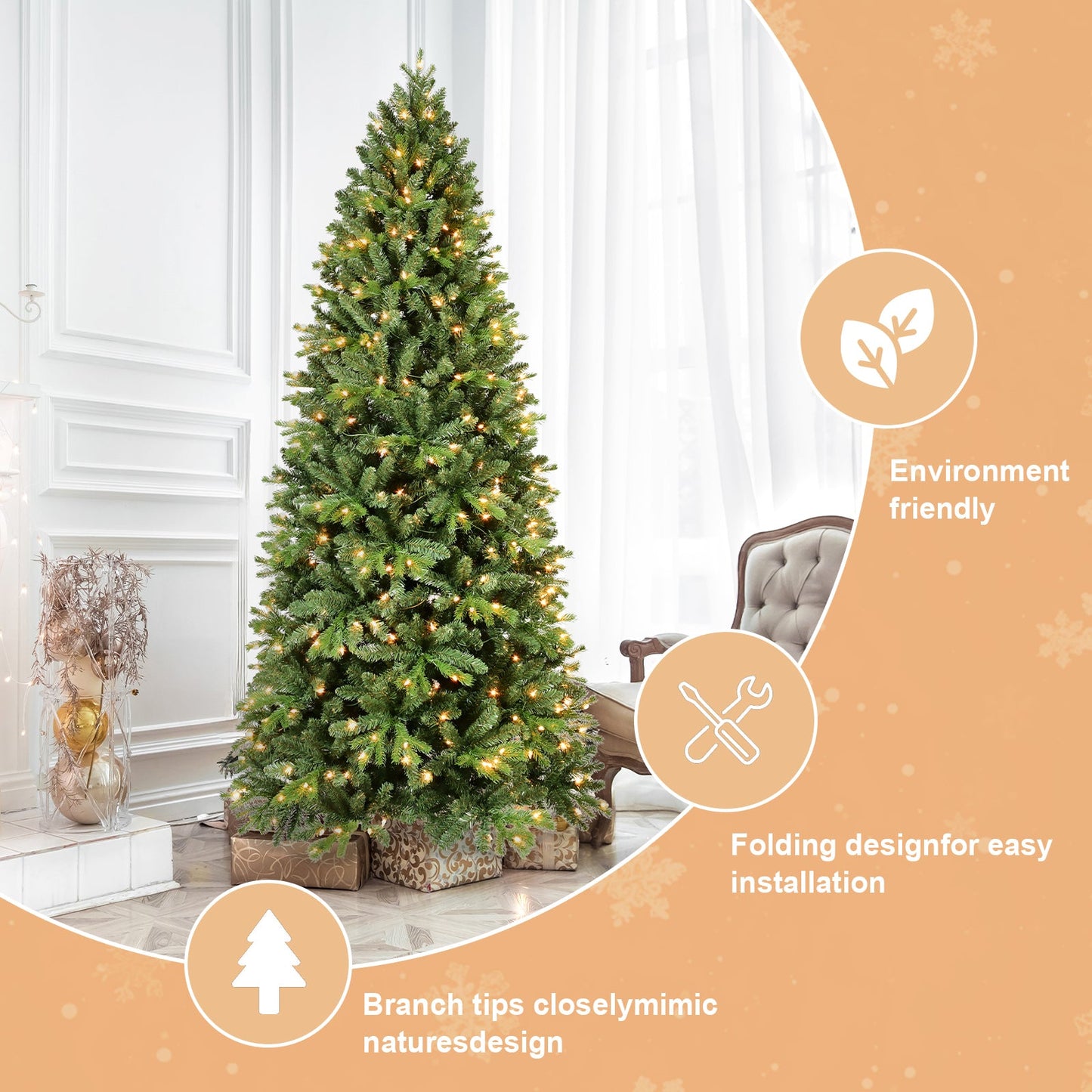 9Ft Pre-Lit Slim Christmas Tree, Green, Fir Xmas 'Feel Real'