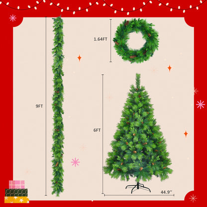 6FT Grass Green Christmas Tree, Large Branches Pine Tree, Pre-Lit Set