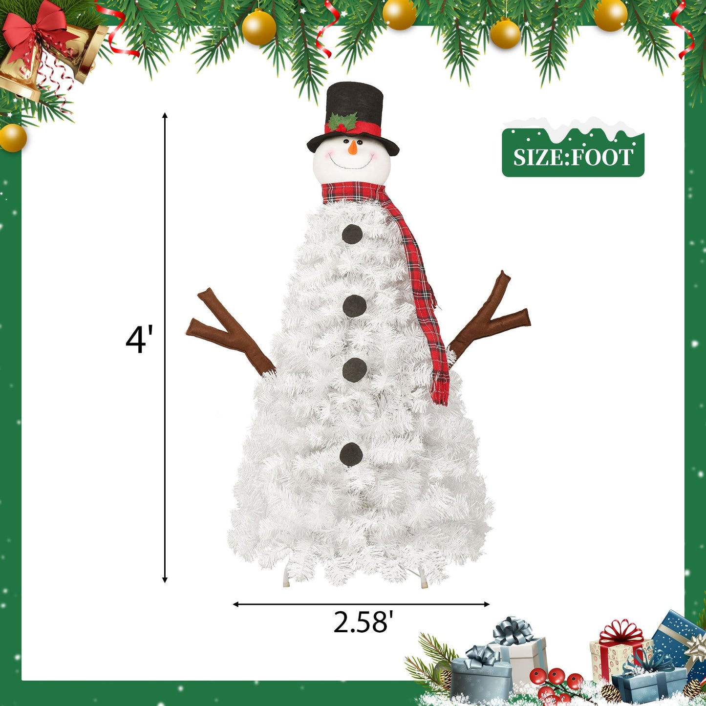 4ft Pre-lit Christmas Tree with 100 Lights, Snowman-Shaped Artificial