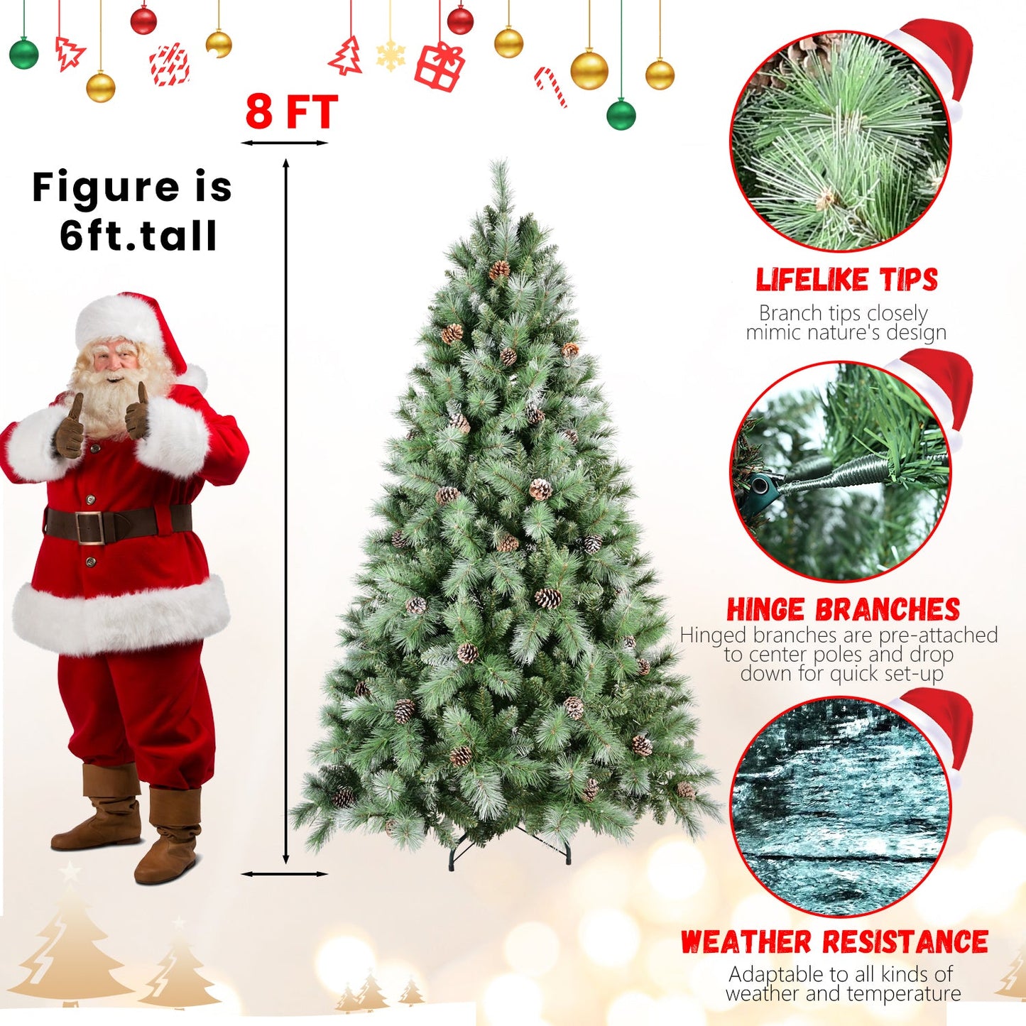 8FT Scotch Pine Christmas Tree, Premium Frosted Pre-Decorated