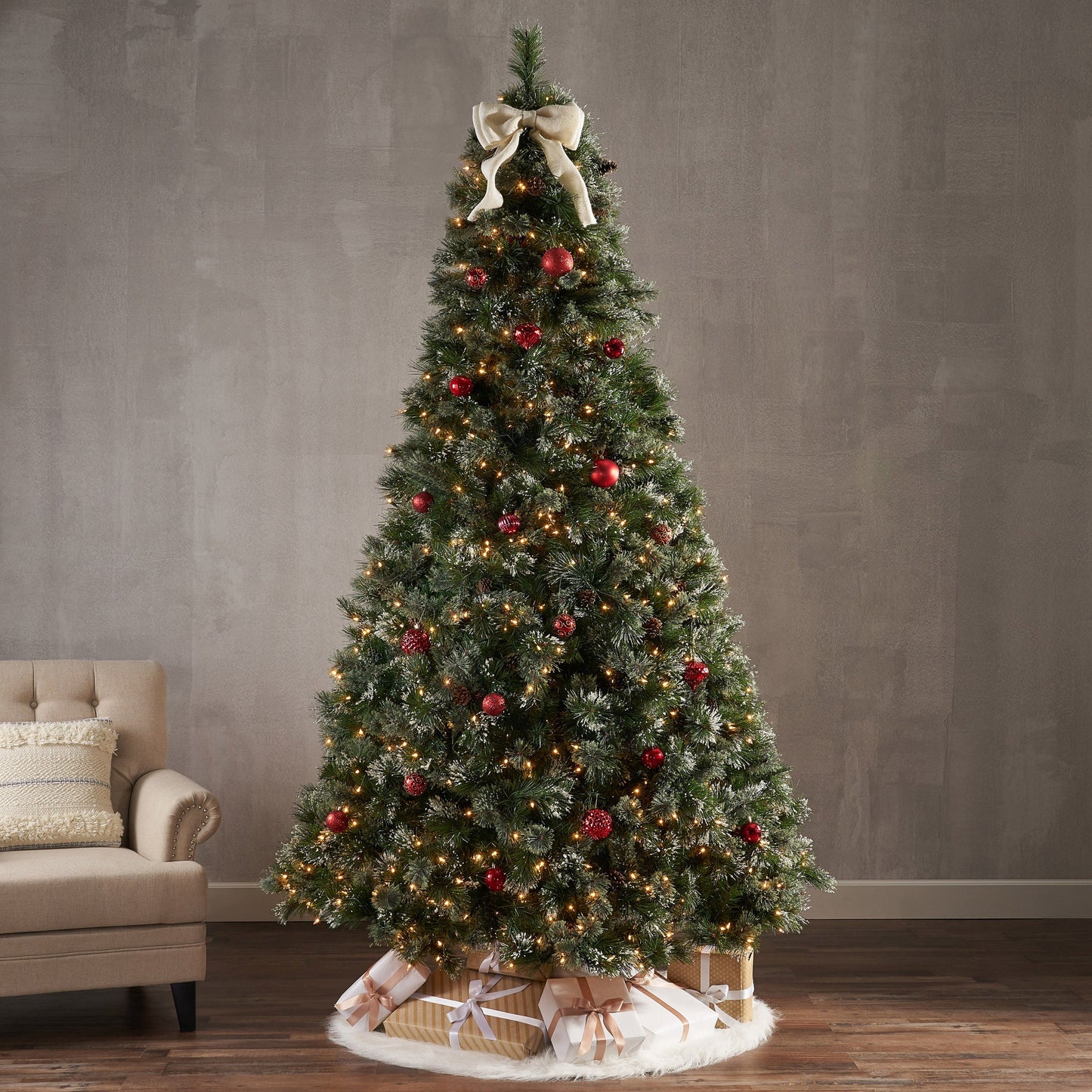 9' Cashmere and Snow Bristle Mixed Tree with 105 Pine Cones and