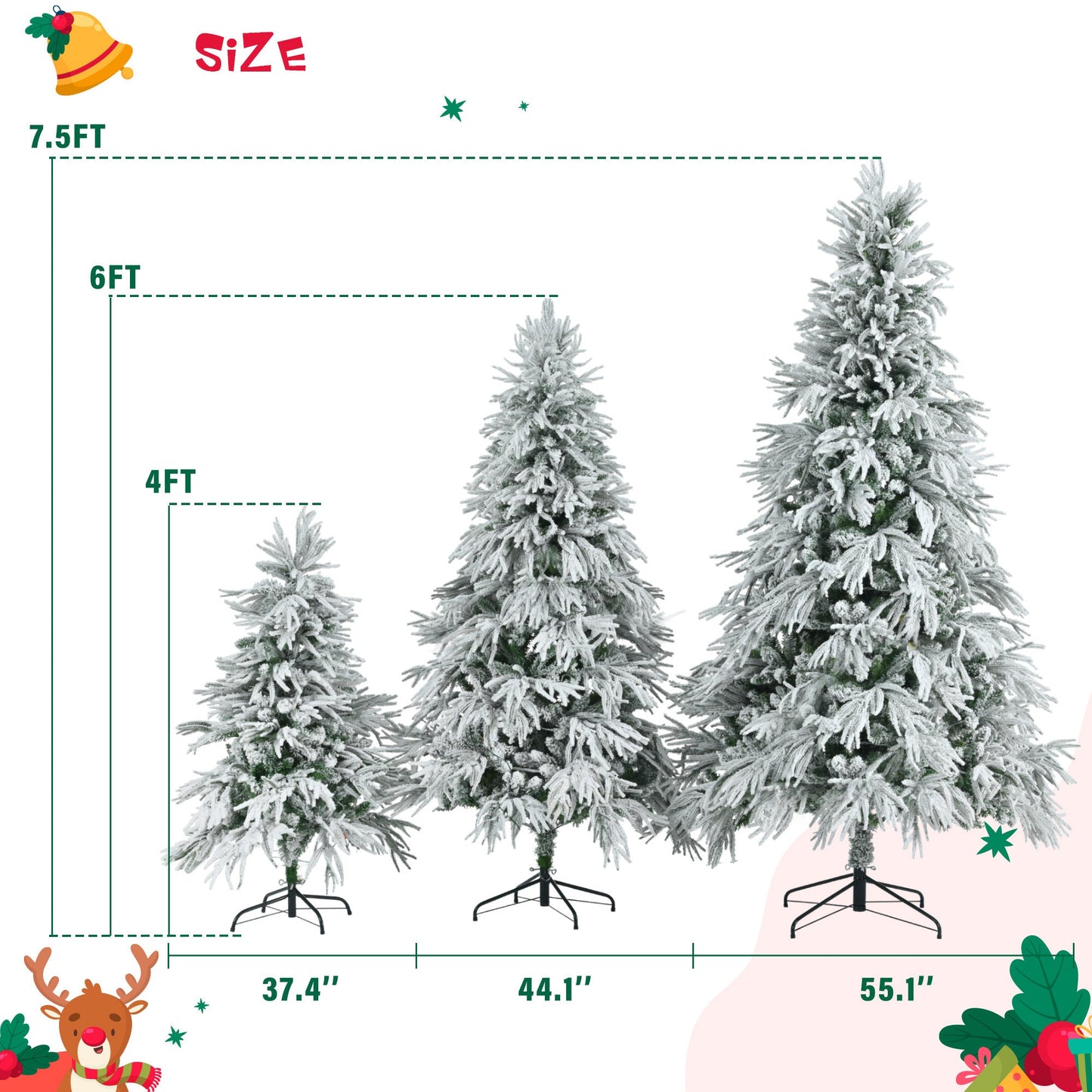 Pre-Lit Spruce Snow Flocked Christmas Tree Set-4FT, 6FT, 7.5FT,