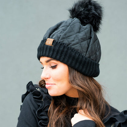 CC Quilted Puffer with Detachable Pom Beanies Hats