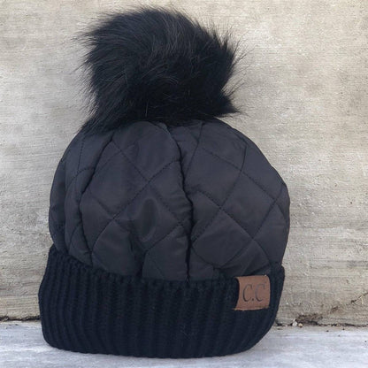 CC Quilted Puffer with Detachable Pom Beanies Hats