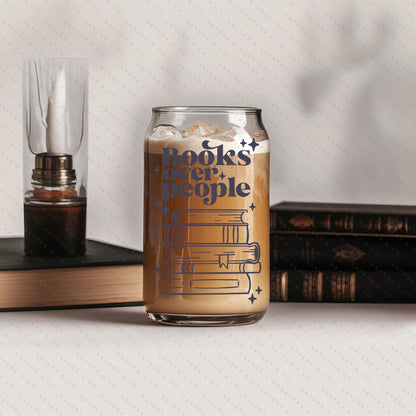 16oz Books Over People Glass Cup with Bamboo Lid & Straw #100146