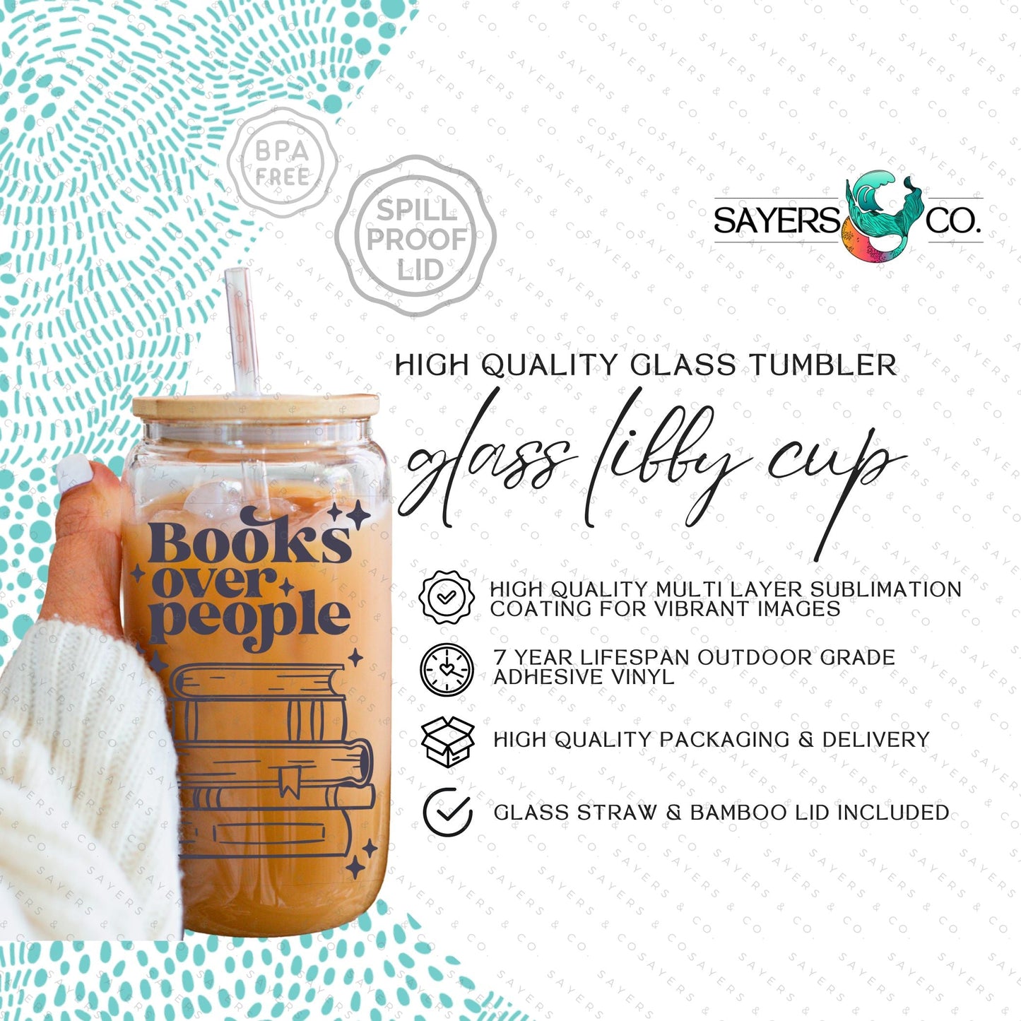 16oz Books Over People Glass Cup with Bamboo Lid & Straw #100146