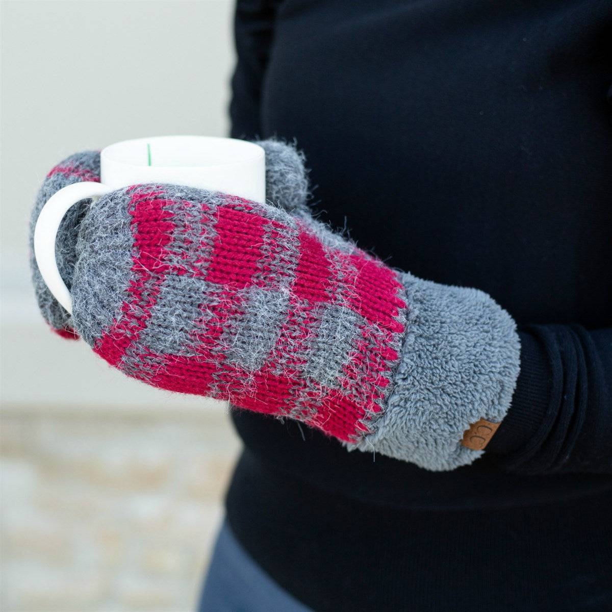 CC Buffalo Plaid Sherpa Lined Winter Fashion Women Mittens