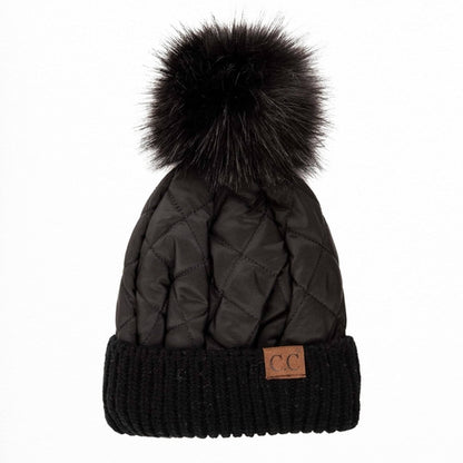 CC Quilted Puffer with Detachable Pom Beanies Hats