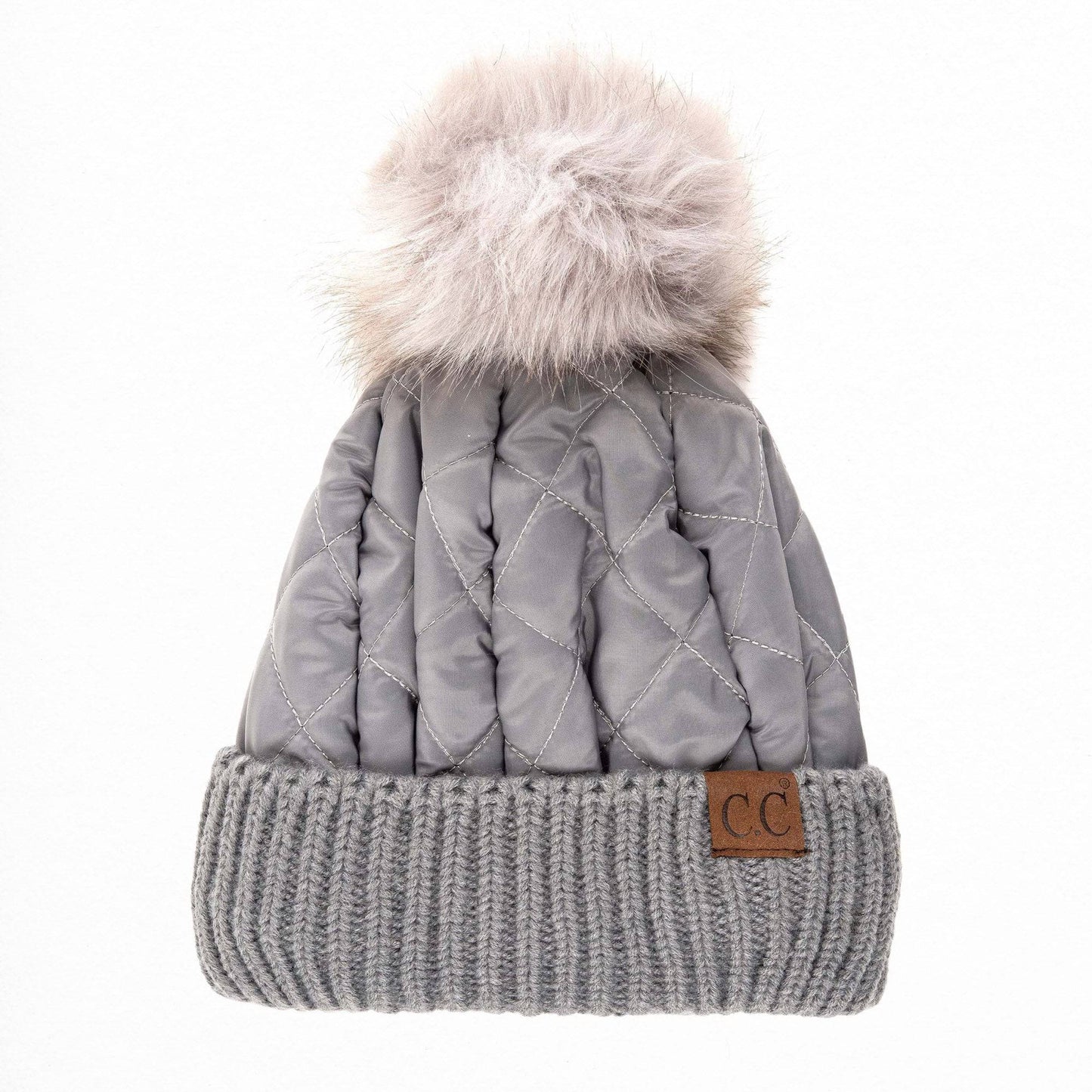 CC Quilted Puffer with Detachable Pom Beanies Hats