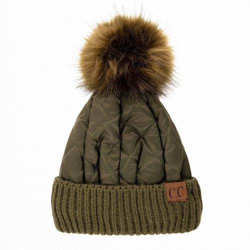 CC Quilted Puffer with Detachable Pom Beanies Hats