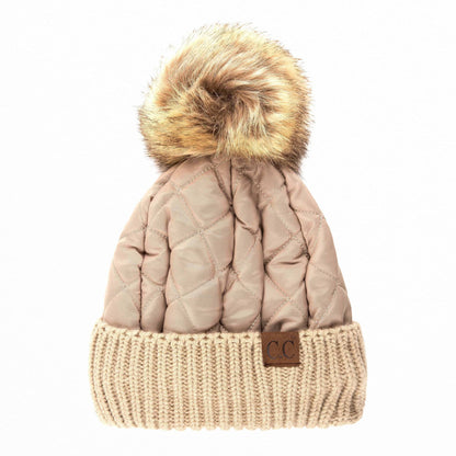 CC Quilted Puffer with Detachable Pom Beanies Hats