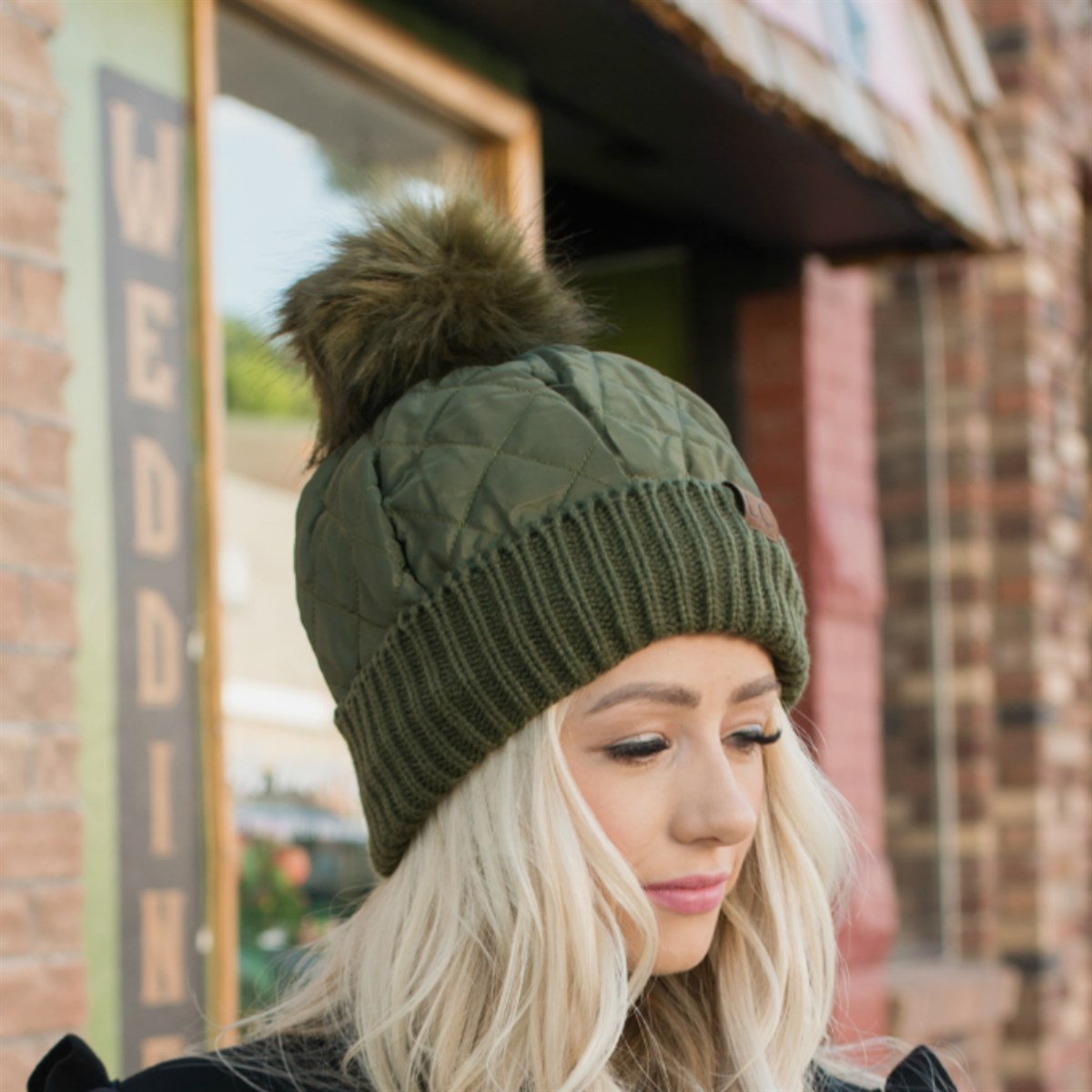 CC Quilted Puffer with Detachable Pom Beanies Hats