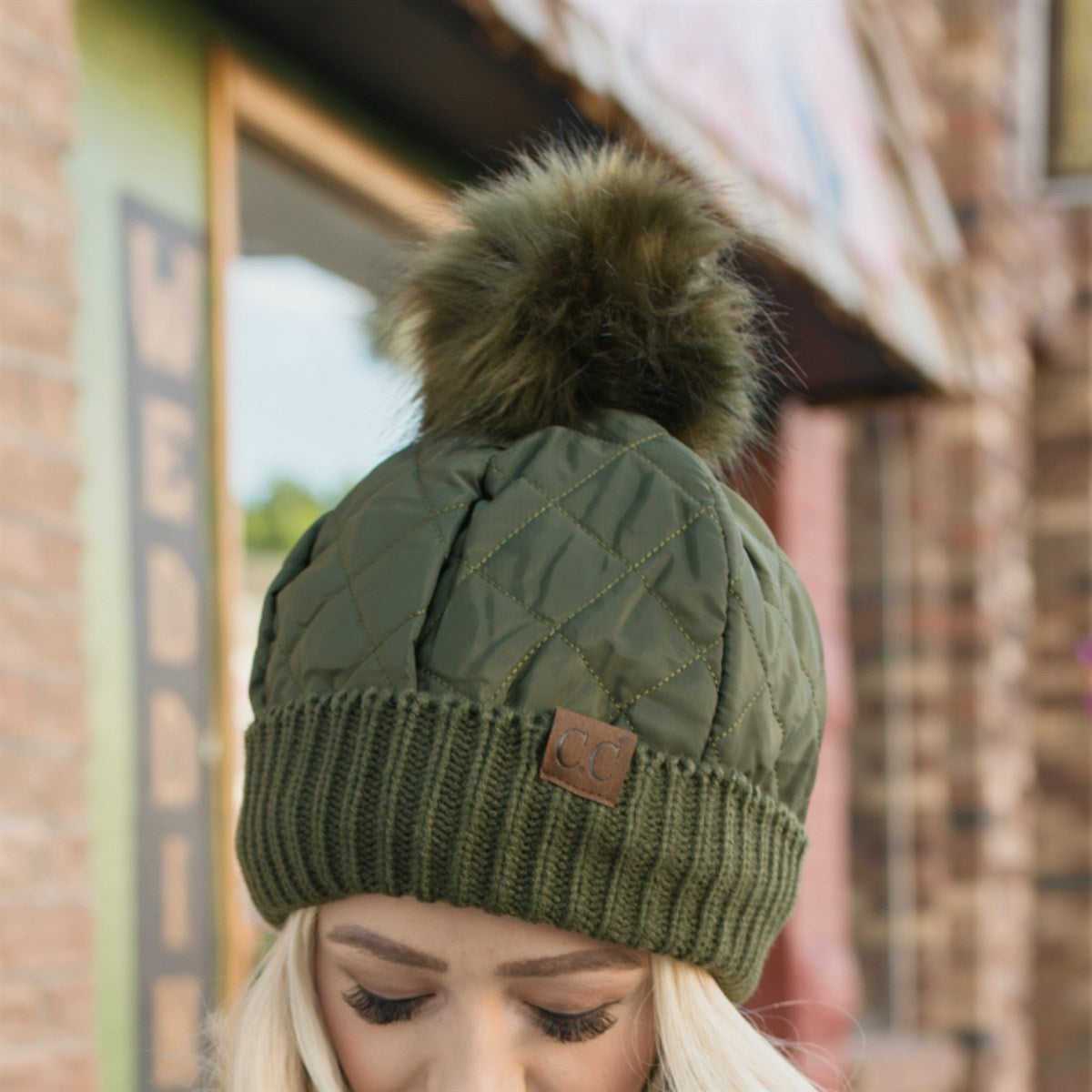 CC Quilted Puffer with Detachable Pom Beanies Hats