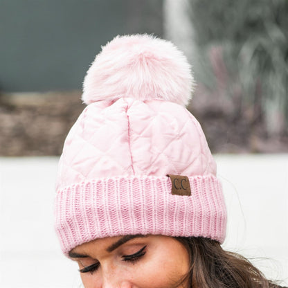 CC Quilted Puffer with Detachable Pom Beanies Hats