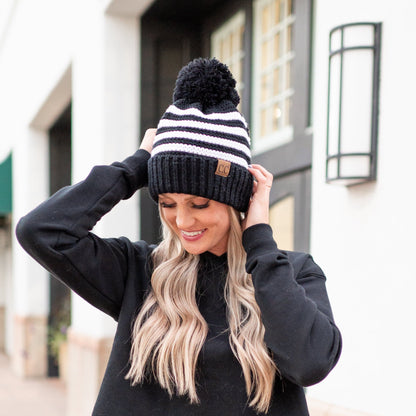 CC Chunky Knit Striped Pom Beanie