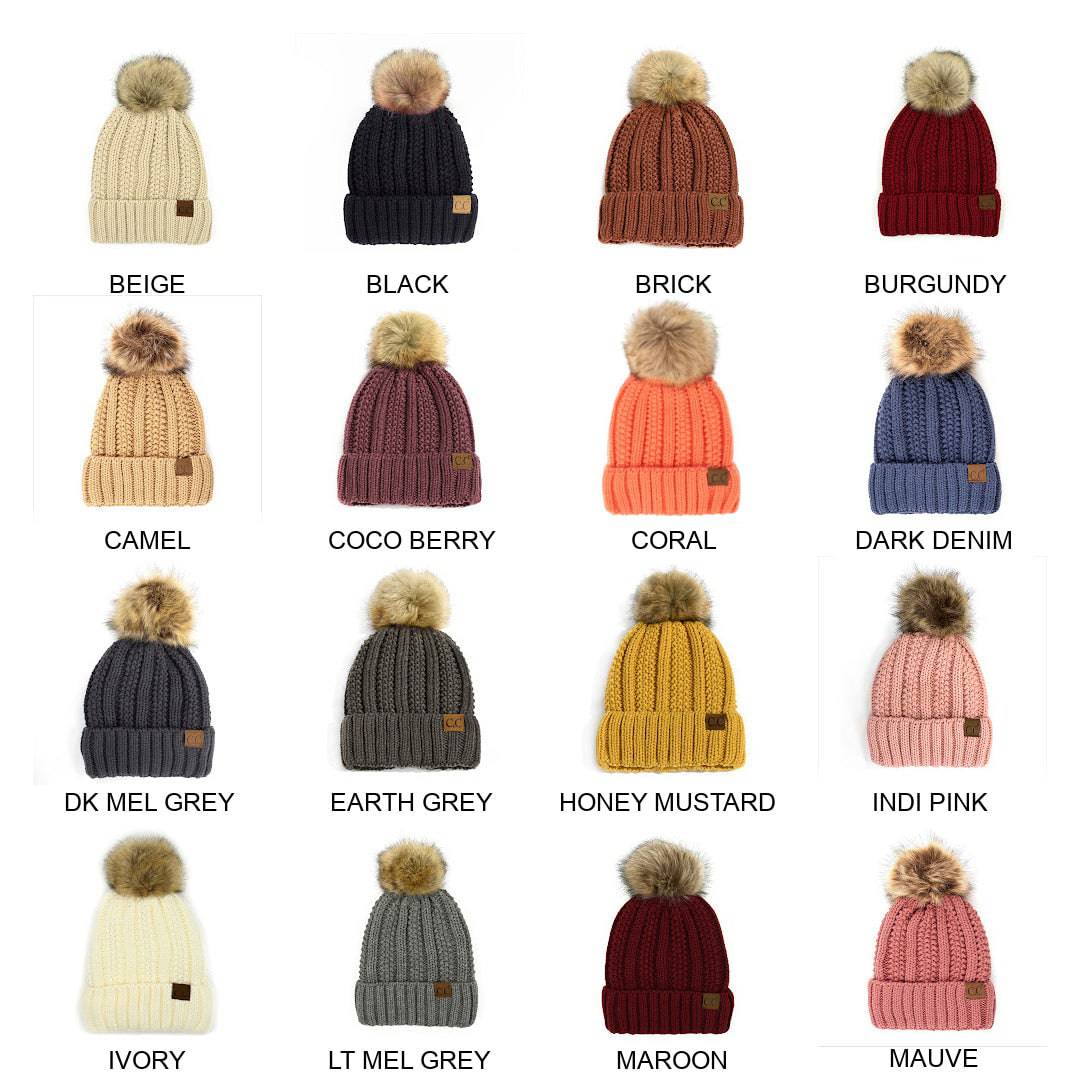 CC Bold Pom Accented Kids Youth to Adult Beanies Hats