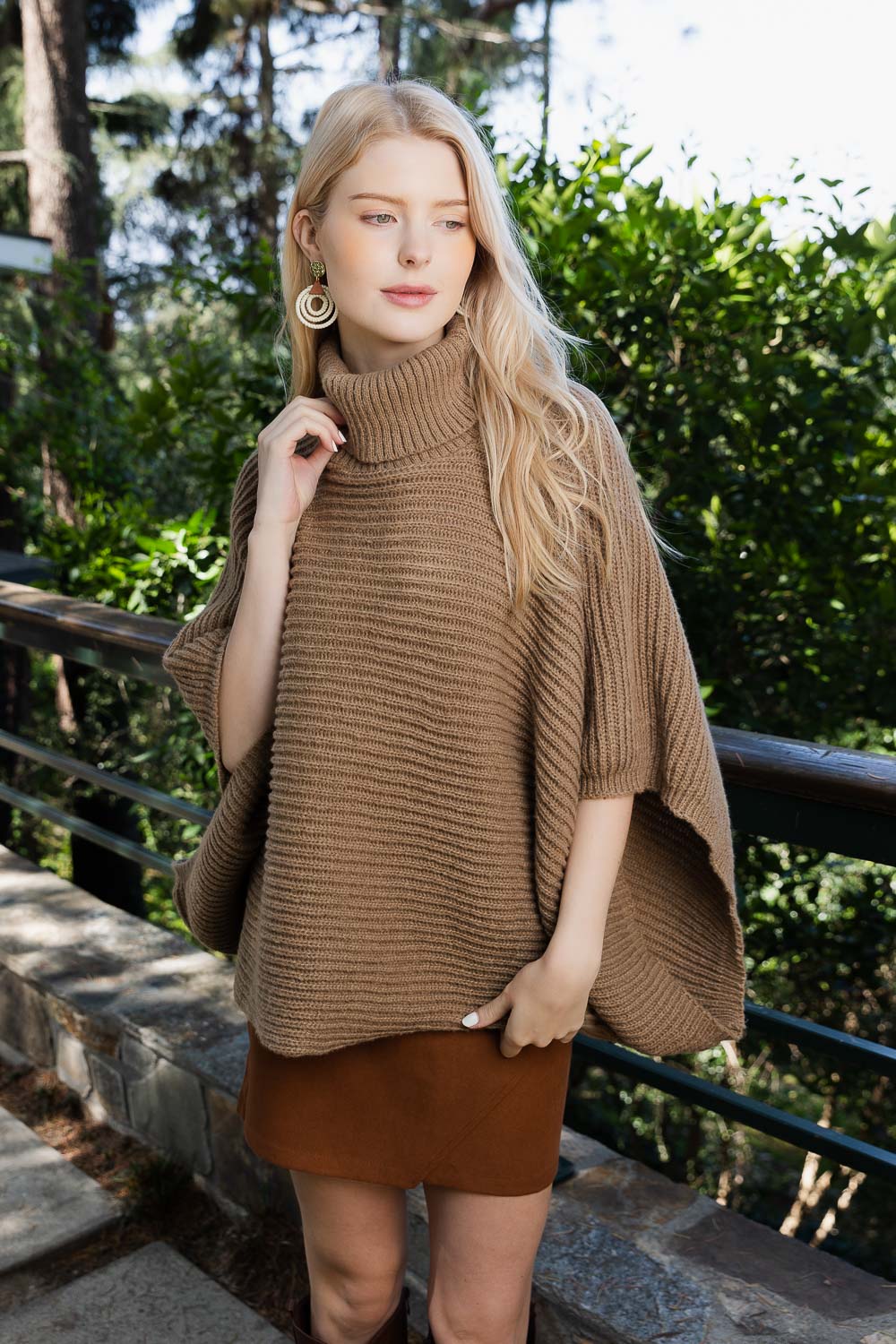 SnugStyle Turtleneck Ribbed Knit Poncho with Armholes