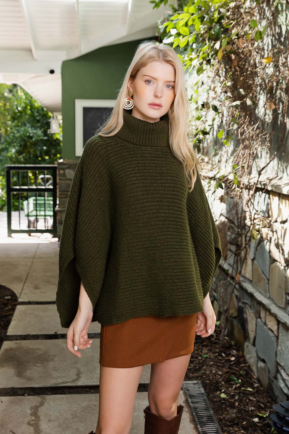 SnugStyle Turtleneck Ribbed Knit Poncho with Armholes