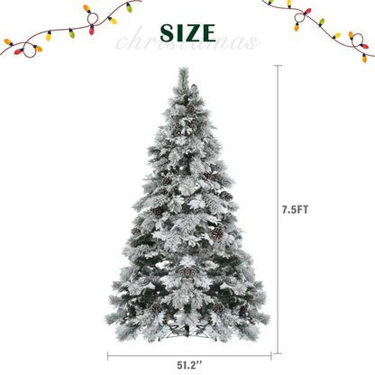 7.5FT Pre-Lit Spruce Snow Flocked Christmas Tree with Pine Cones,