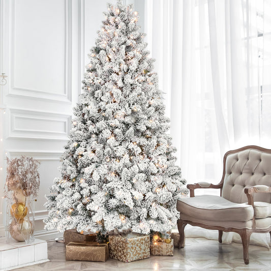 7.5ft Snow-Flocked Artificial Christmas Tree with Pine Cones, Prelit