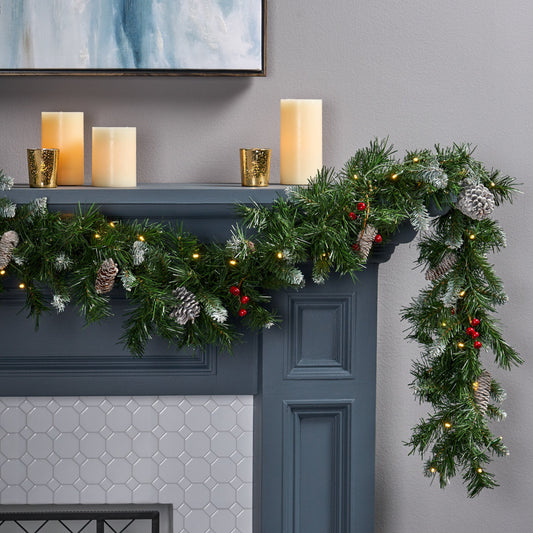 2-packed 9'X10'' Mixed Frosted Garland with 20 Pine Cones and 10 Red