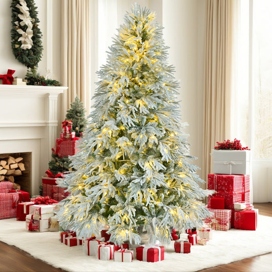 6FT Pre-Lit Spruce Snow Flocked Christmas Tree, Artificial Hinged Xmas