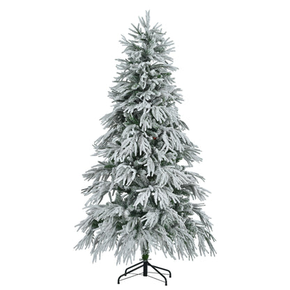 6FT Pre-Lit Spruce Snow Flocked Christmas Tree, Artificial Hinged Xmas