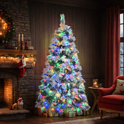 6FT Pre-Lit Spruce Snow Flocked Christmas Tree with Pine Cones,