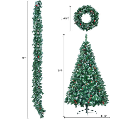 6FT Dark Green Pine Christmas Tree, Pre-Lit Set with Tree & Garland &