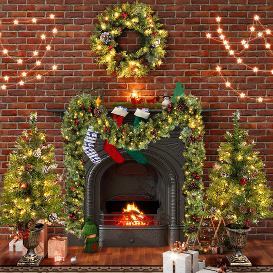 Pre-lit Xmas Tree Artificial Christmas 4-Piece Set,Garland, Wreath and