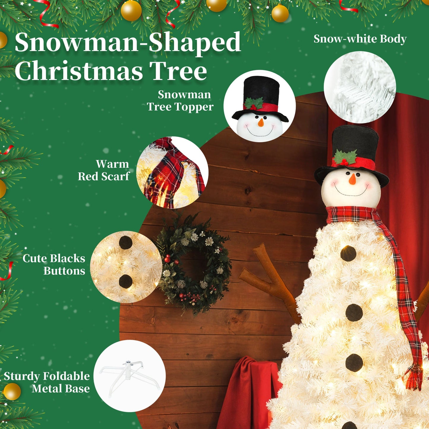 4ft Pre-lit Christmas Tree with 100 Lights, Snowman-Shaped Artificial