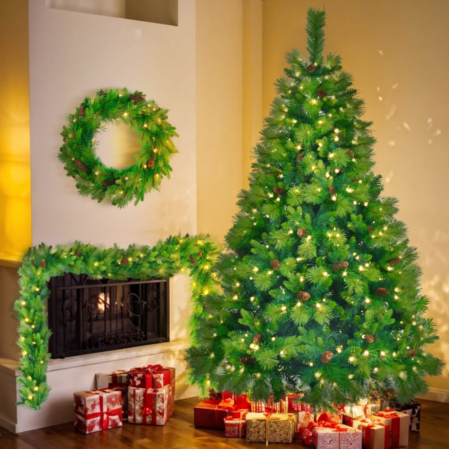 6FT Grass Green Christmas Tree, Large Branches Pine Tree, Pre-Lit Set