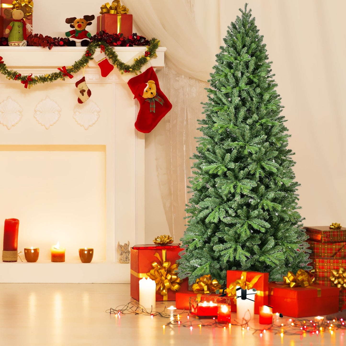 9Ft Pre-Lit Slim Christmas Tree, Green, Fir Xmas 'Feel Real'