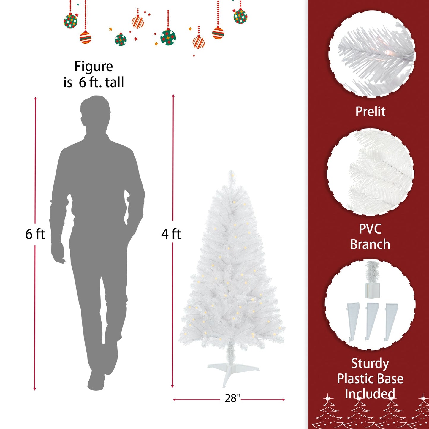 4ft White Artificial Christmas Tree Prelit With Stand ,100 Warm White