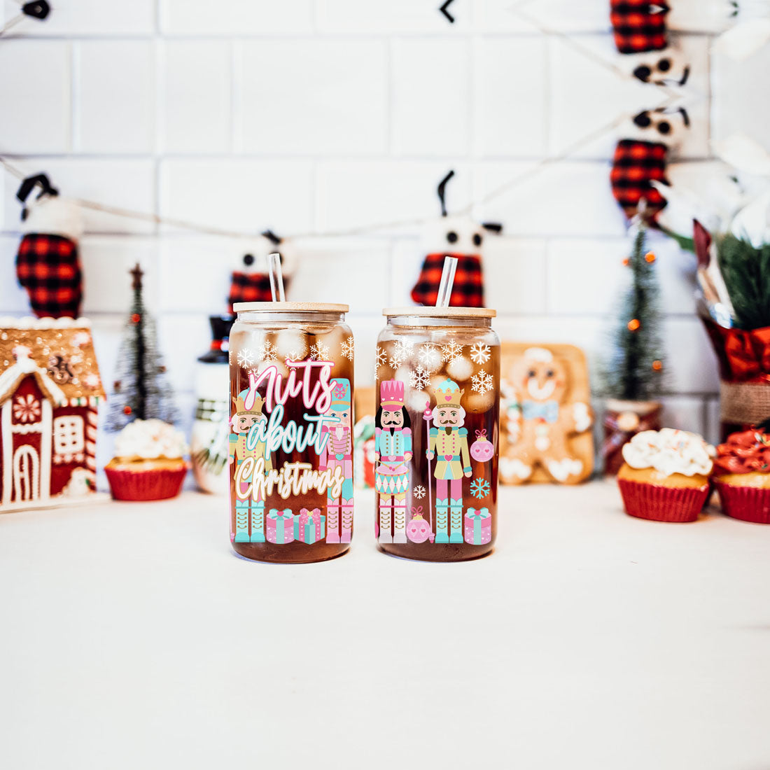 Nutcracker Nut Holiday Glass Cup & Straws